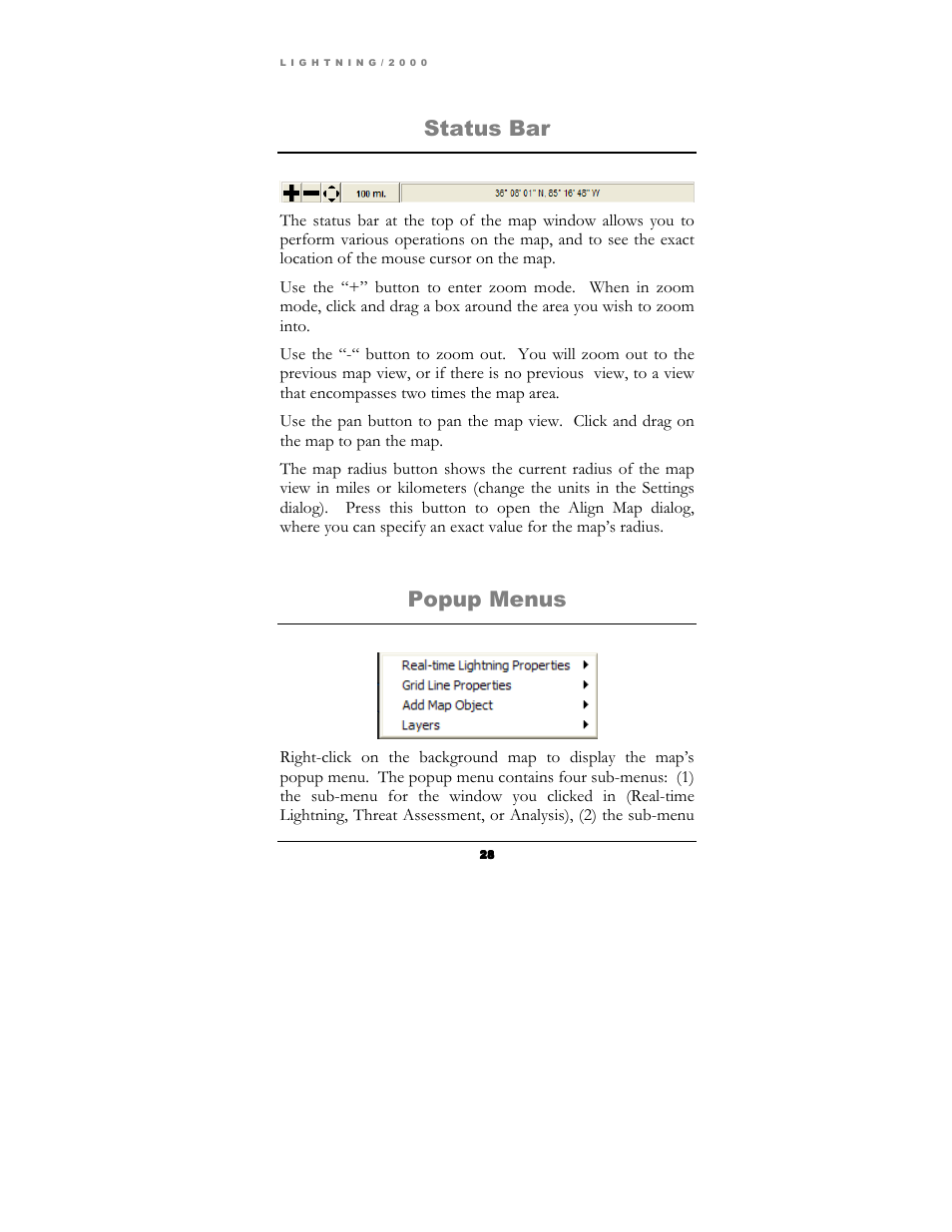 Status bar, Popup menus | Boltek Lightning/2000 User Manual | Page 28 / 333