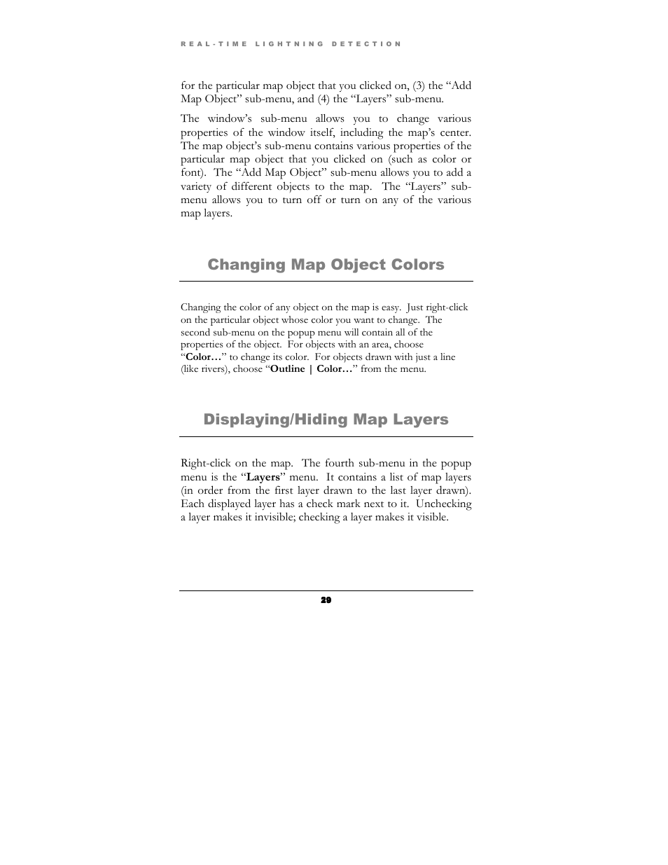 Changing map object colors, Displaying/hiding map layers | Boltek Lightning/2000 User Manual | Page 29 / 333