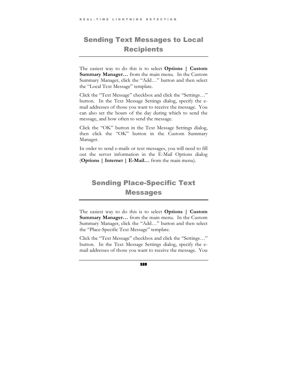 Sending text messages to local recipients, Sending place-specific text messages | Boltek Lightning/2000 User Manual | Page 325 / 333