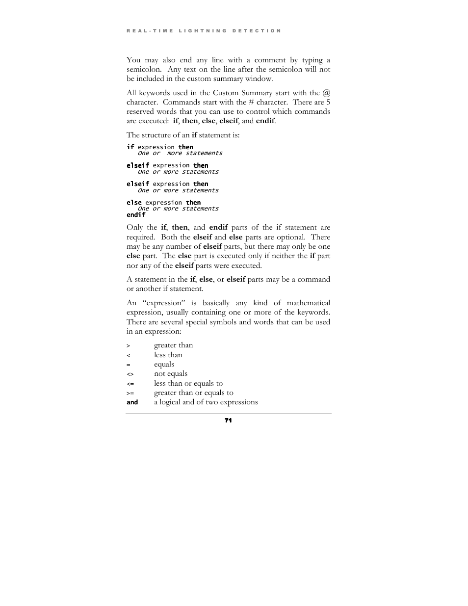 Greater than, Less than, Equals | Not equals, Less than or equals to, Greater than or equals to, A logical and of two expressions | Boltek Lightning/2000 User Manual | Page 71 / 333