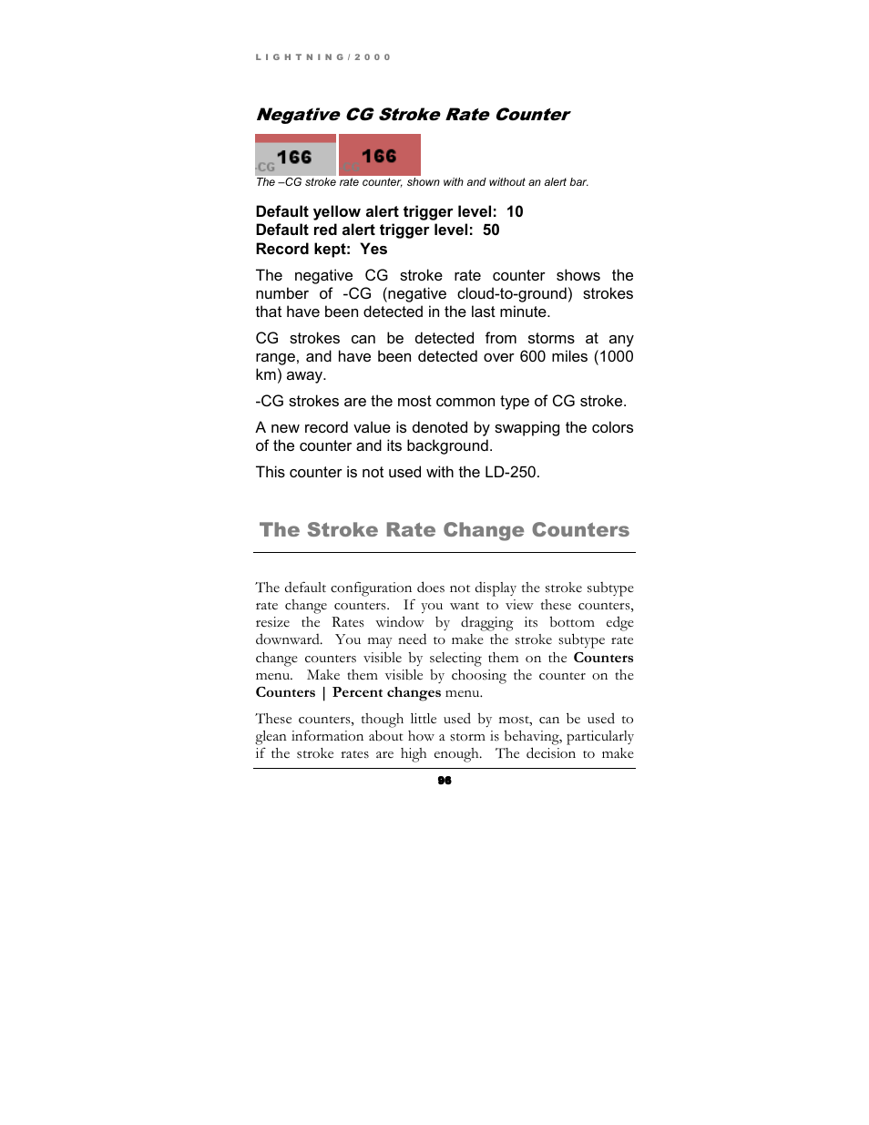 The stroke rate change counters, Negative cg stroke rate counter | Boltek Lightning/2000 User Manual | Page 96 / 333