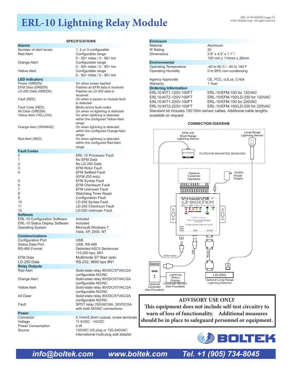 Erl-10 lightning relay module, 12 vdc | Boltek ERL-10 User Manual | Page 2 / 2