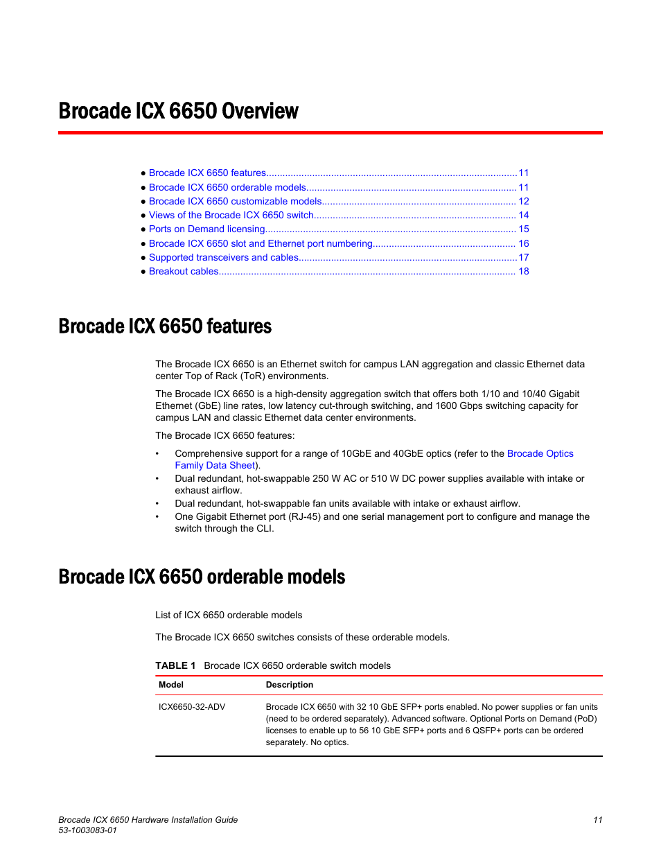 Brocade icx 6650 overview, Brocade icx 6650 features, Brocade icx 6650 orderable models | Brocade ICX 6650 Hardware Installation Guide User Manual | Page 13 / 98