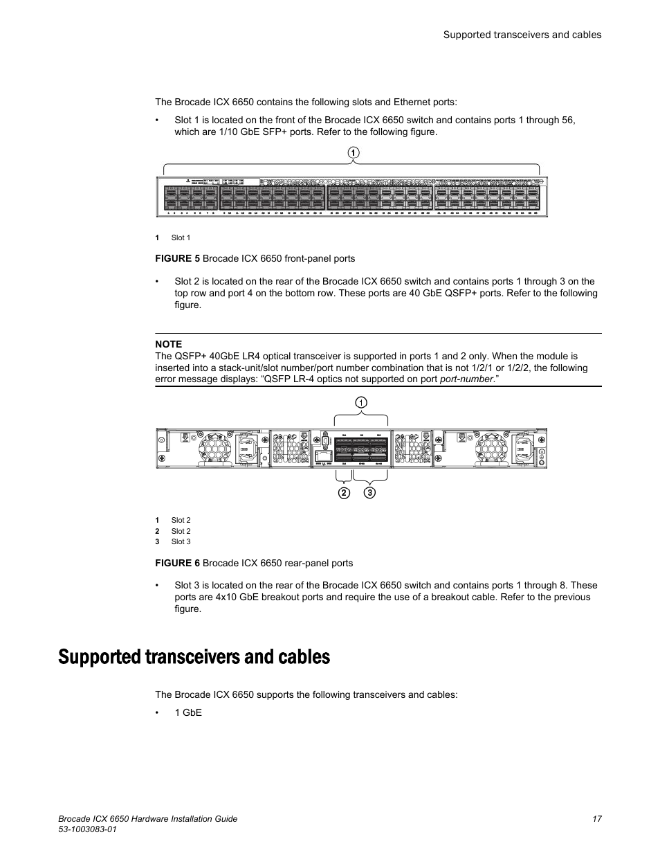 Supported transceivers and cables | Brocade ICX 6650 Hardware Installation Guide User Manual | Page 19 / 98