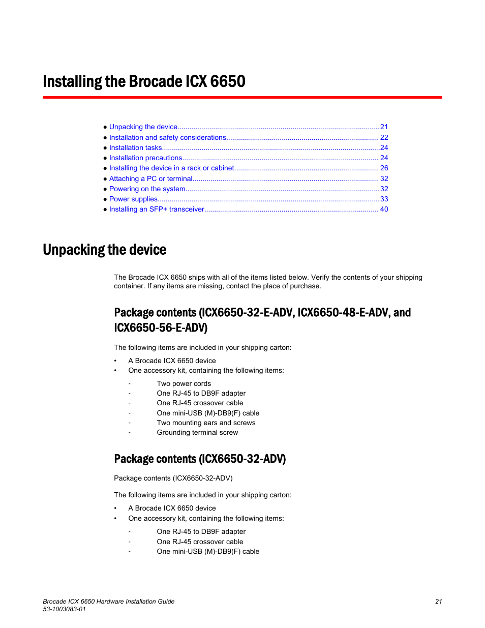 Installing the brocade icx 6650, Unpacking the device, Package contents (icx6650-32-adv) | Icx6650-56-e-adv) | Brocade ICX 6650 Hardware Installation Guide User Manual | Page 23 / 98