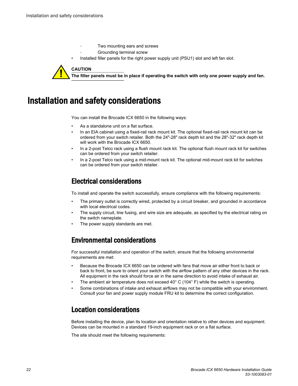 Installation and safety considerations, Electrical considerations, Environmental considerations | Location considerations | Brocade ICX 6650 Hardware Installation Guide User Manual | Page 24 / 98