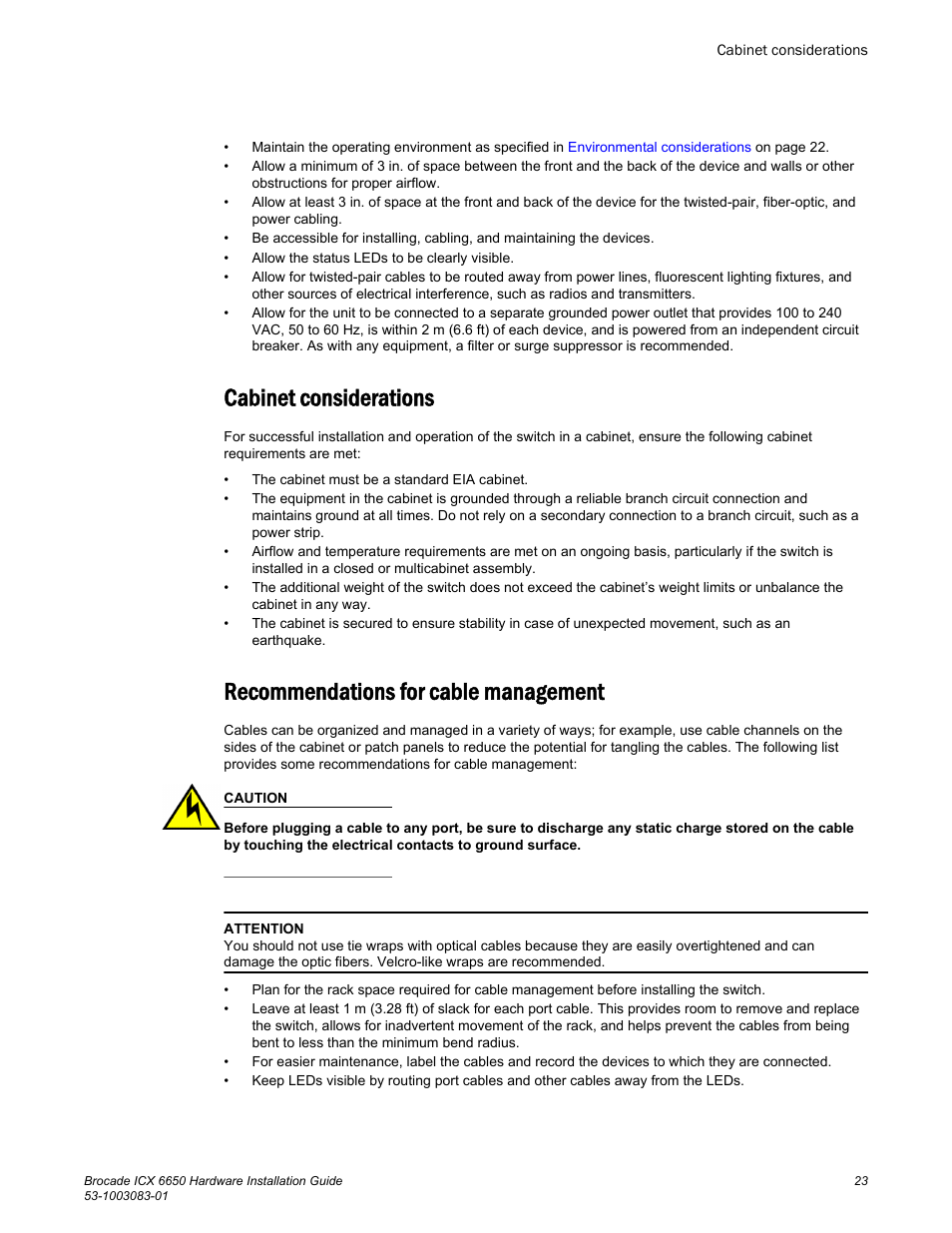 Cabinet considerations, Recommendations for cable management | Brocade ICX 6650 Hardware Installation Guide User Manual | Page 25 / 98