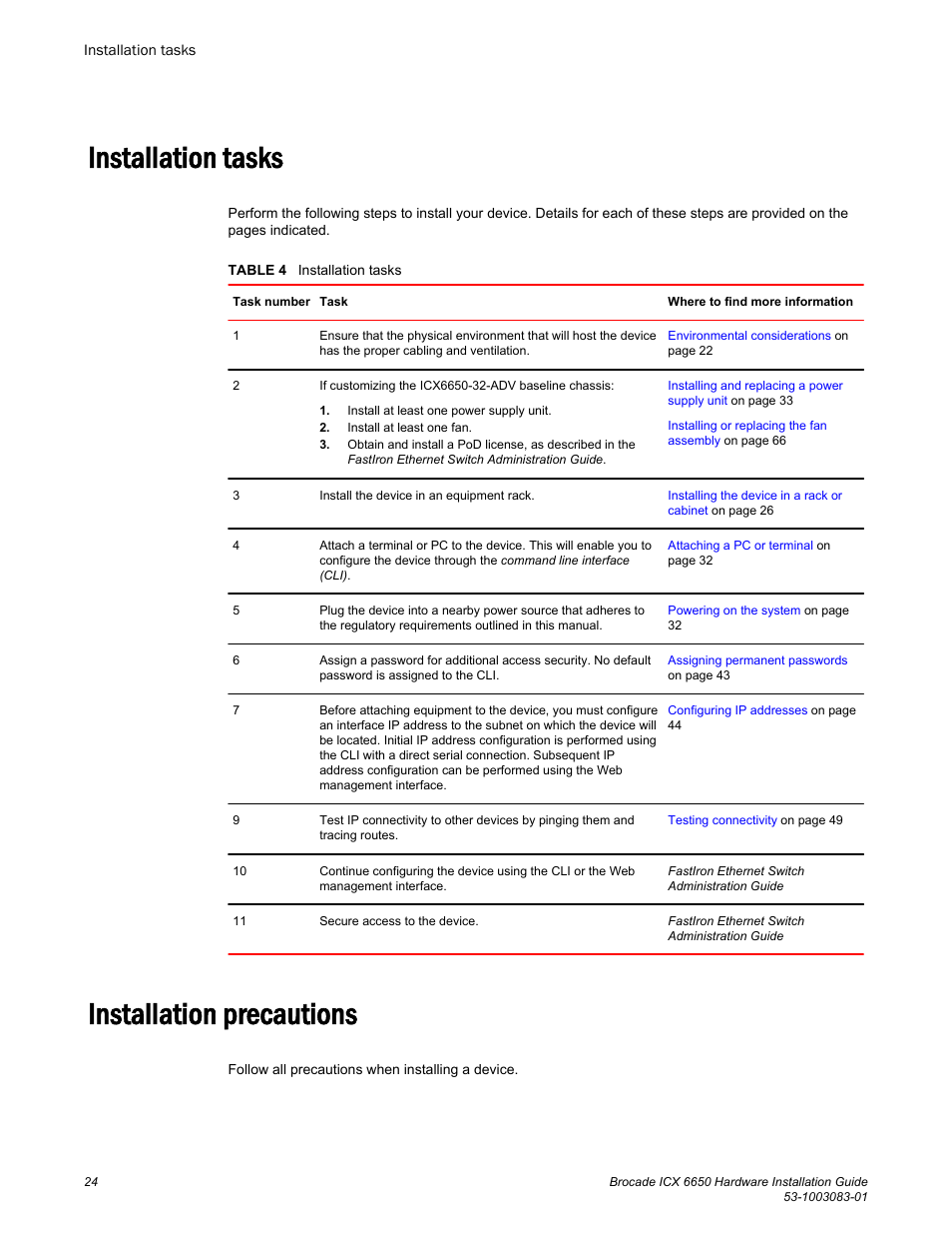 Installation tasks, Installation precautions, Installation tasks installation precautions | Brocade ICX 6650 Hardware Installation Guide User Manual | Page 26 / 98