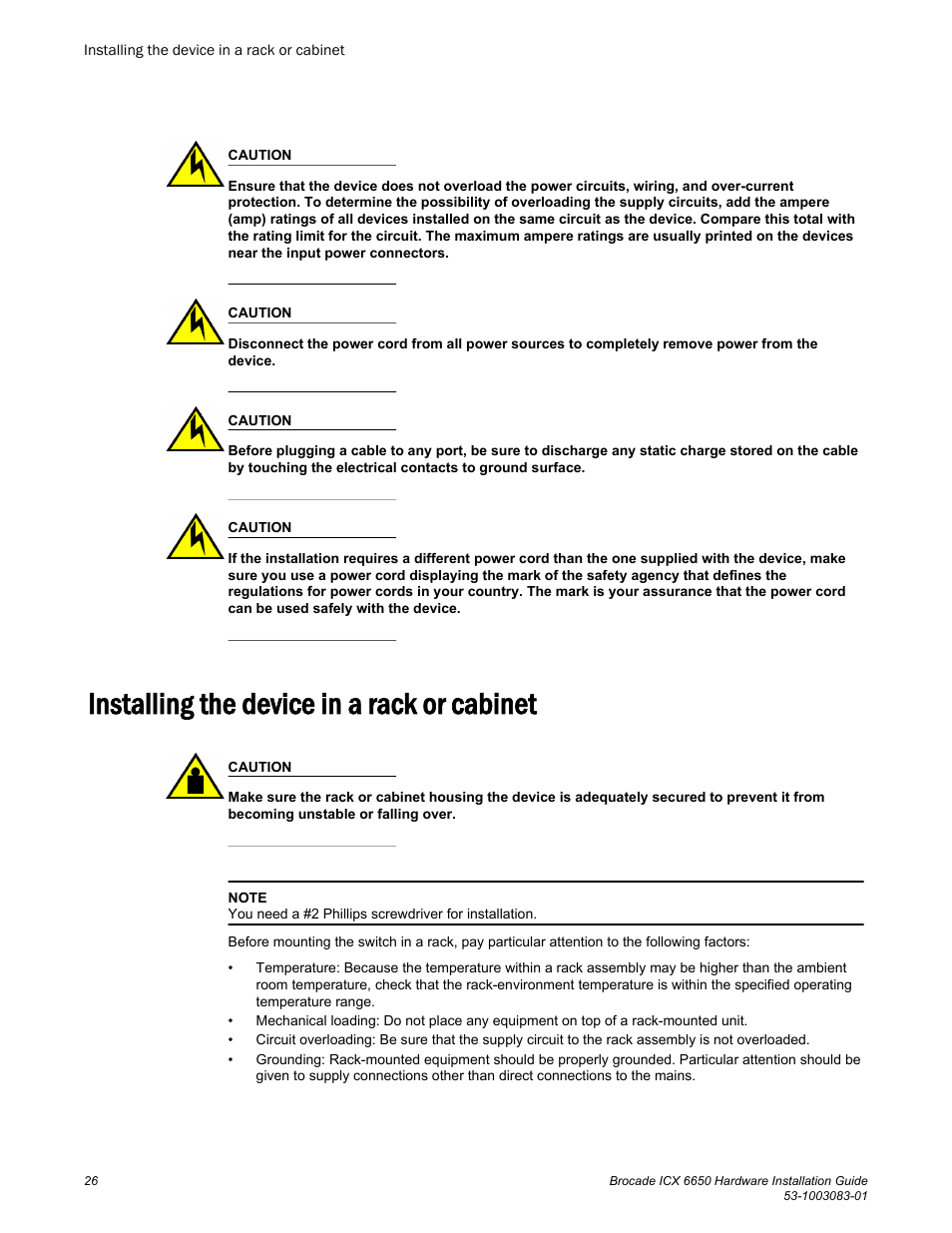 Installing the device in a rack or cabinet | Brocade ICX 6650 Hardware Installation Guide User Manual | Page 28 / 98