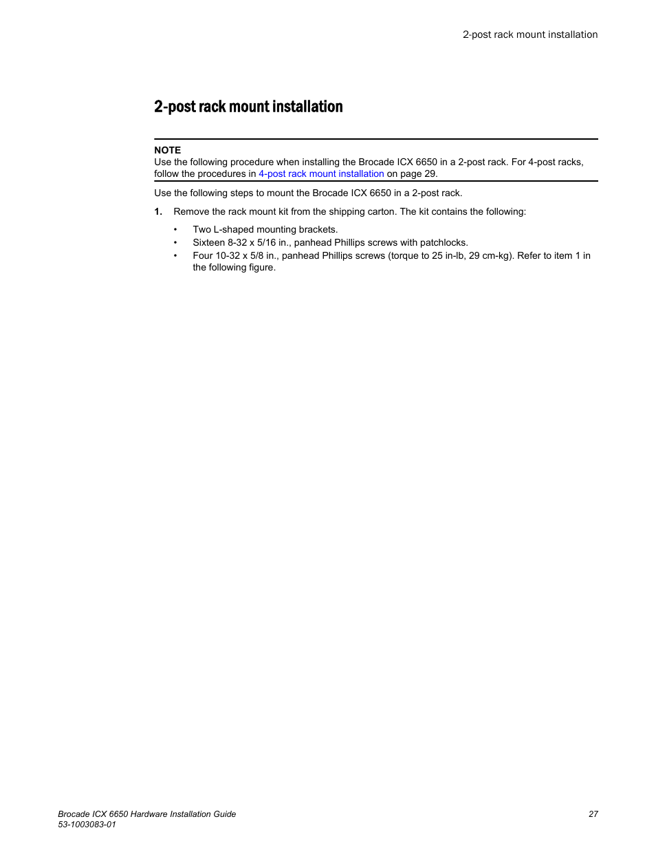 Post rack mount installation | Brocade ICX 6650 Hardware Installation Guide User Manual | Page 29 / 98