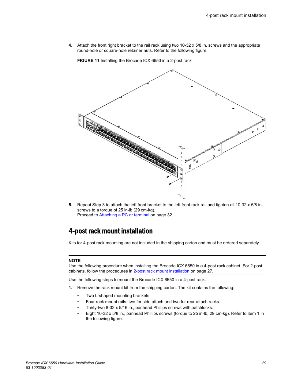 Post rack mount installation | Brocade ICX 6650 Hardware Installation Guide User Manual | Page 31 / 98