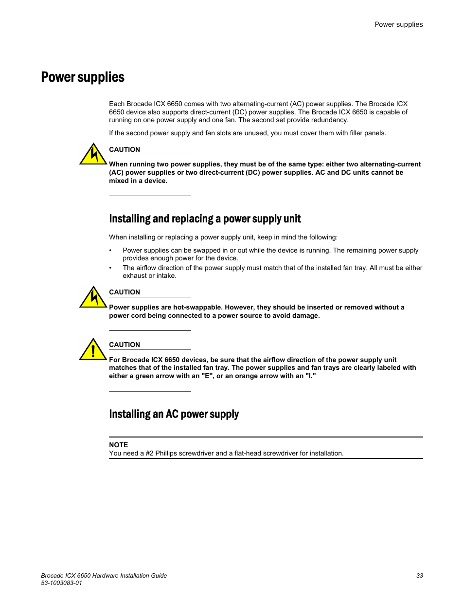 Power supplies, Installing and replacing a power supply unit, Installing an ac power supply | Brocade ICX 6650 Hardware Installation Guide User Manual | Page 35 / 98