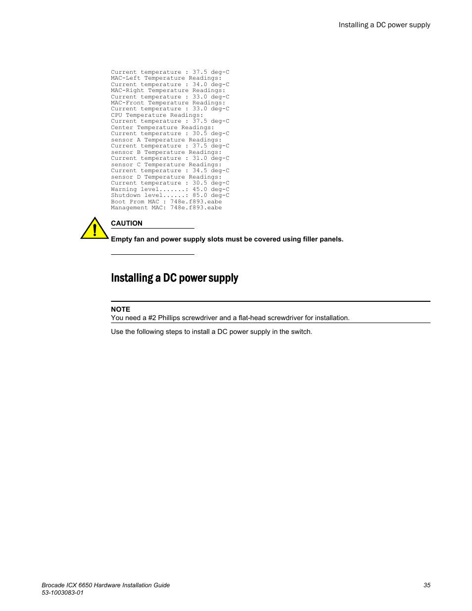 Installing a dc power supply | Brocade ICX 6650 Hardware Installation Guide User Manual | Page 37 / 98