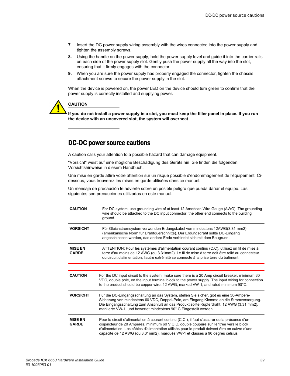Dc-dc power source cautions | Brocade ICX 6650 Hardware Installation Guide User Manual | Page 41 / 98