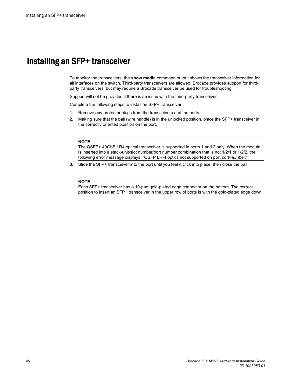 Installing an sfp+ transceiver | Brocade ICX 6650 Hardware Installation Guide User Manual | Page 42 / 98