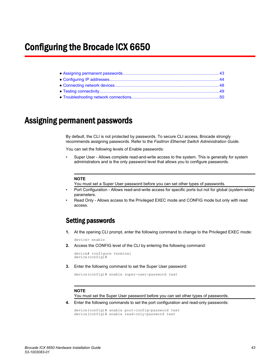 Configuring the brocade icx 6650, Assigning permanent passwords, Setting passwords | Brocade ICX 6650 Hardware Installation Guide User Manual | Page 45 / 98