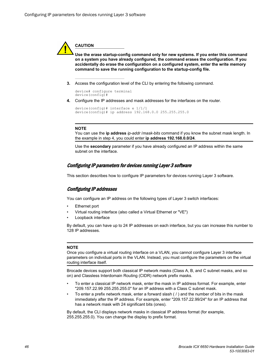 Configuring ip addresses | Brocade ICX 6650 Hardware Installation Guide User Manual | Page 48 / 98