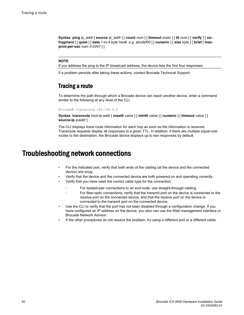 Tracing a route, Troubleshooting network connections | Brocade ICX 6650 Hardware Installation Guide User Manual | Page 52 / 98