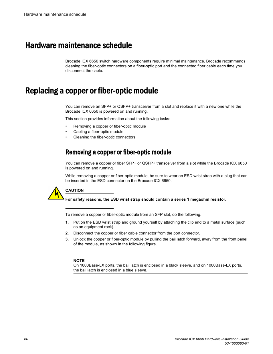 Hardware maintenance schedule, Replacing a copper or fiber-optic module, Removing a copper or fiber-optic module | Brocade ICX 6650 Hardware Installation Guide User Manual | Page 62 / 98