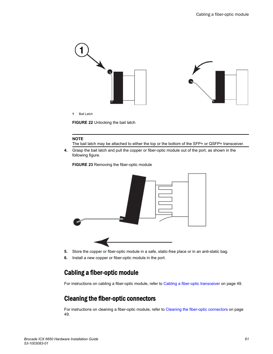 Cabling a fiber-optic module, Cleaning the fiber-optic connectors, Cleaning the fiber-optic | Connectors | Brocade ICX 6650 Hardware Installation Guide User Manual | Page 63 / 98