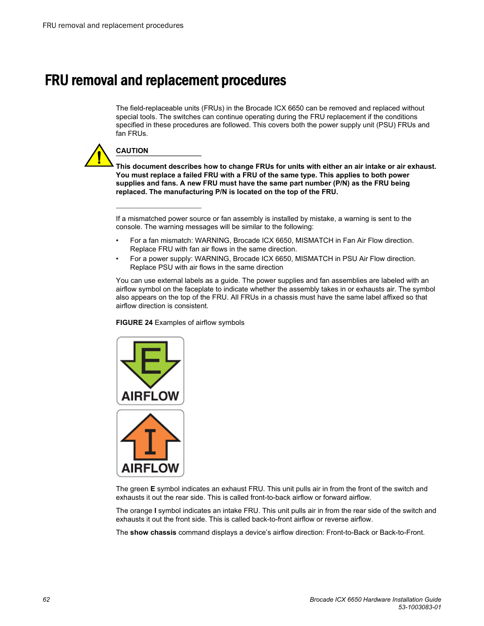 Fru removal and replacement procedures | Brocade ICX 6650 Hardware Installation Guide User Manual | Page 64 / 98