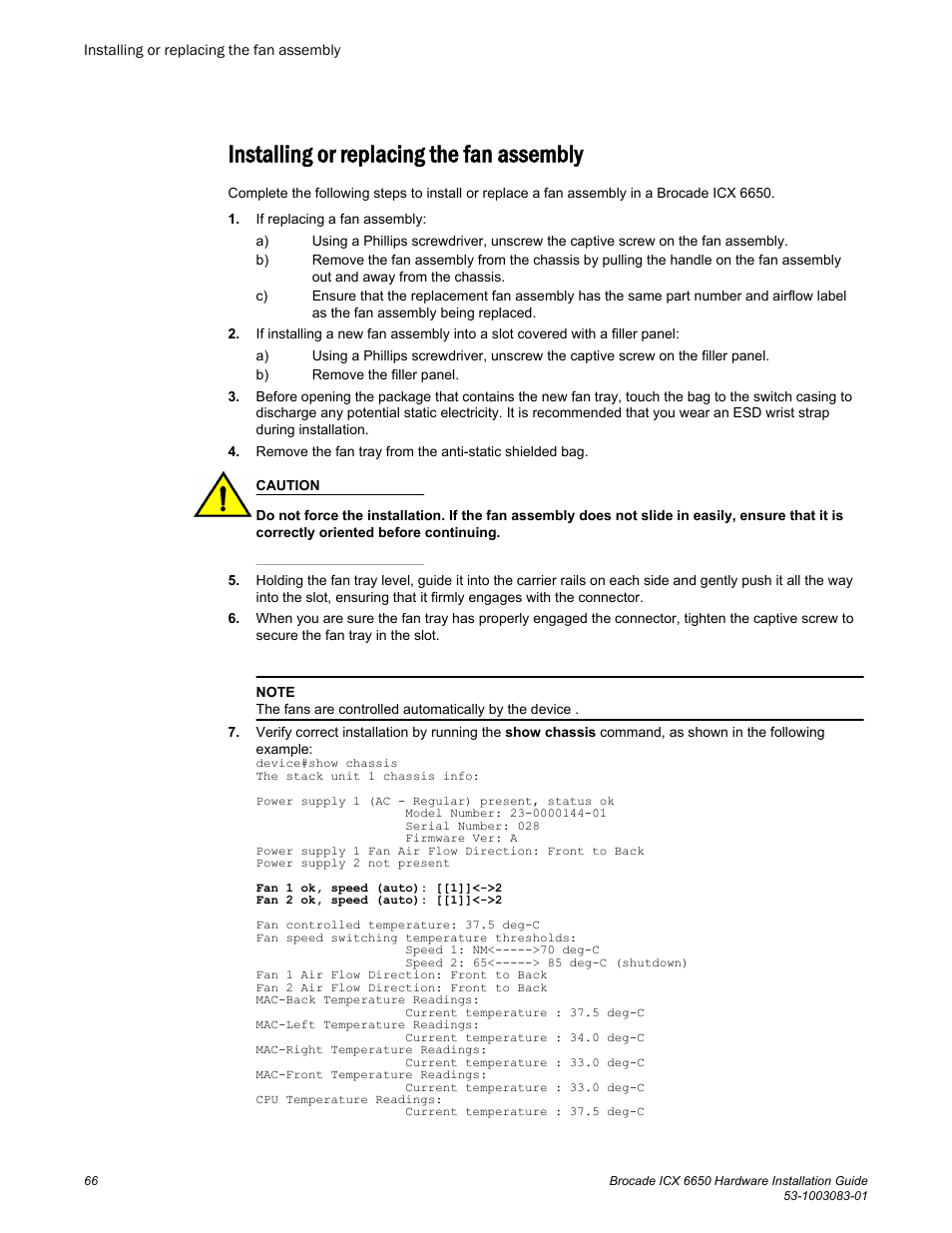 Installing or replacing the fan assembly | Brocade ICX 6650 Hardware Installation Guide User Manual | Page 68 / 98