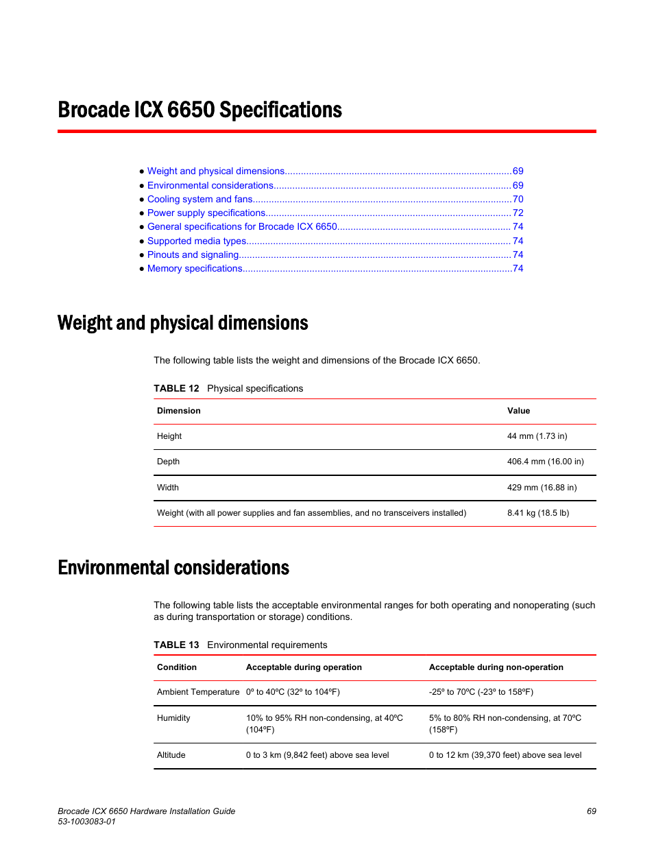 Brocade icx 6650 specifications, Weight and physical dimensions, Environmental considerations | Brocade ICX 6650 Hardware Installation Guide User Manual | Page 71 / 98