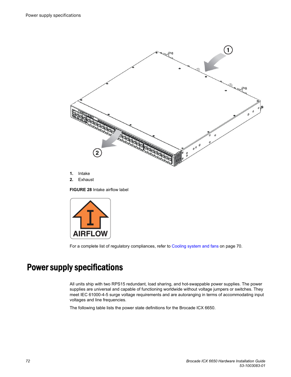 Power supply specifications | Brocade ICX 6650 Hardware Installation Guide User Manual | Page 74 / 98
