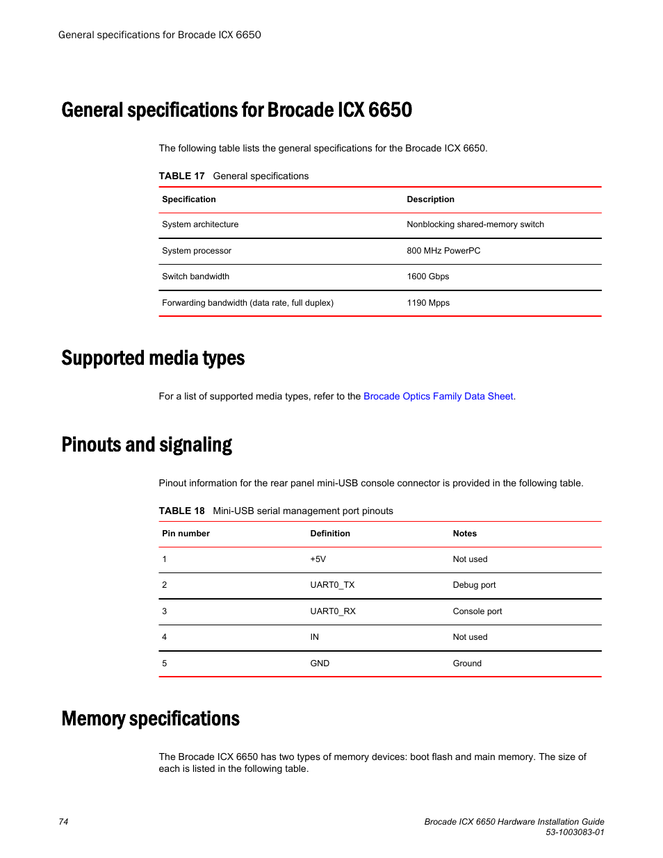 General specifications for brocade icx 6650, Supported media types, Pinouts and signaling | Memory specifications | Brocade ICX 6650 Hardware Installation Guide User Manual | Page 76 / 98