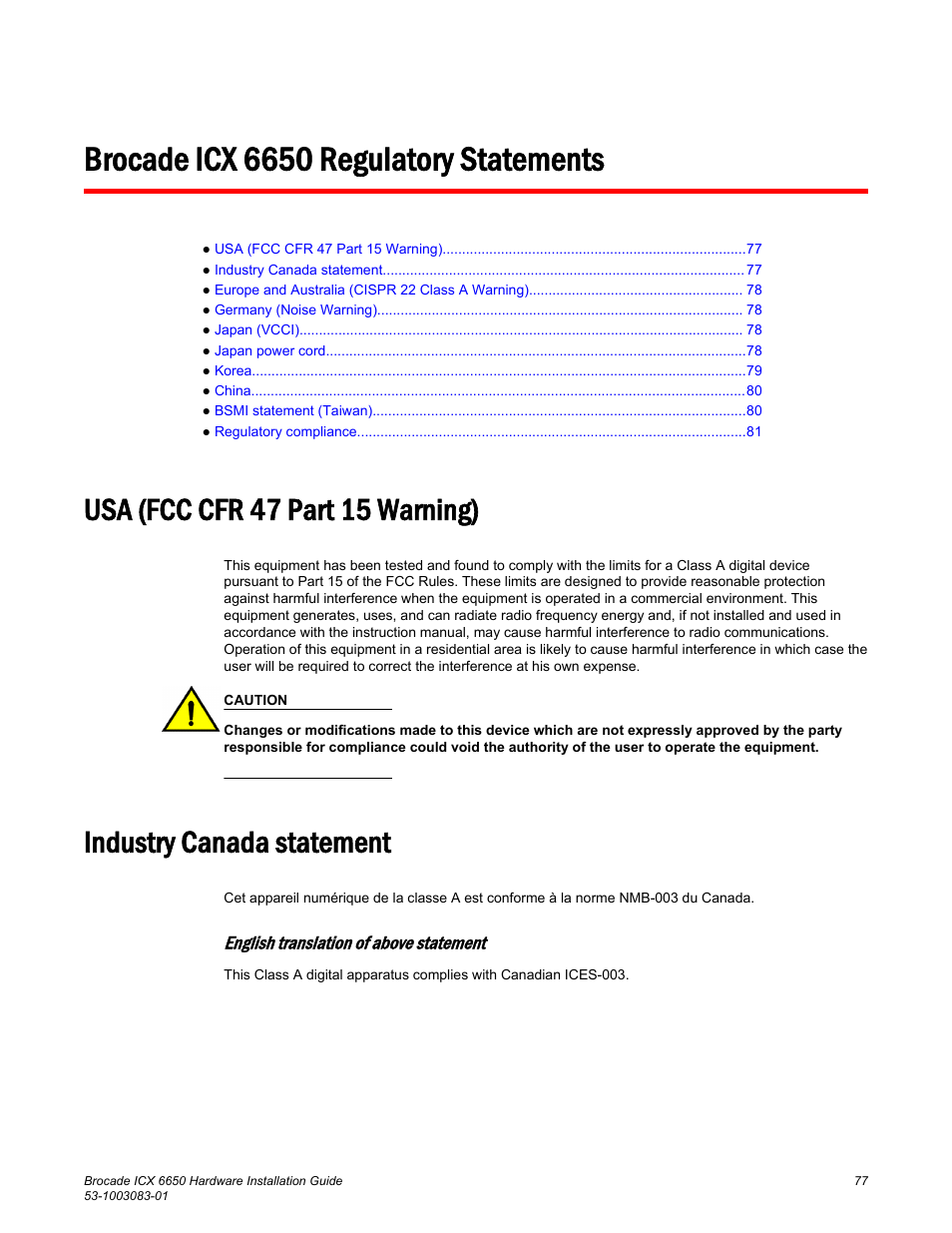 Brocade icx 6650 regulatory statements, Usa (fcc cfr 47 part 15 warning), Industry canada statement | Brocade ICX 6650 Hardware Installation Guide User Manual | Page 79 / 98