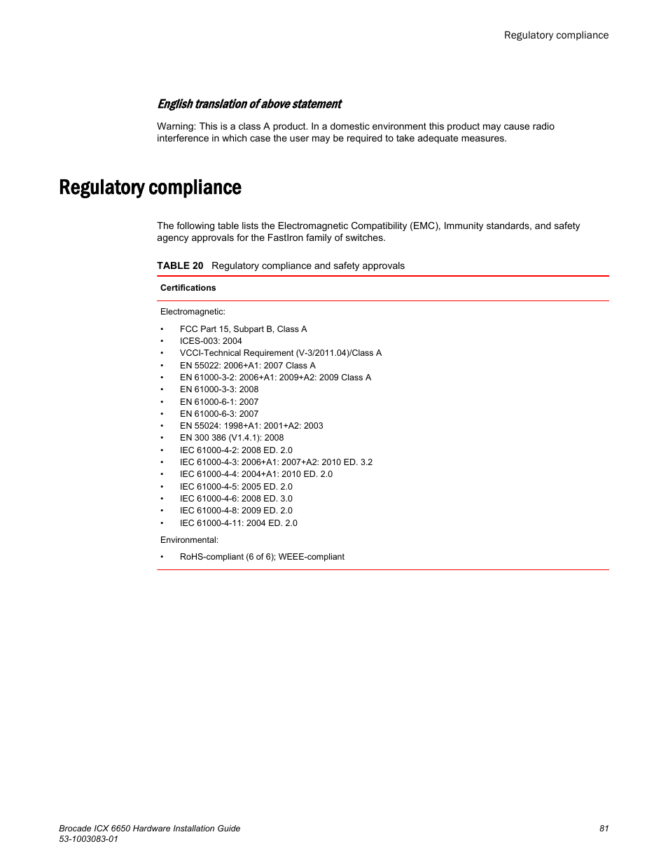 Regulatory compliance, English translation of above statement | Brocade ICX 6650 Hardware Installation Guide User Manual | Page 83 / 98