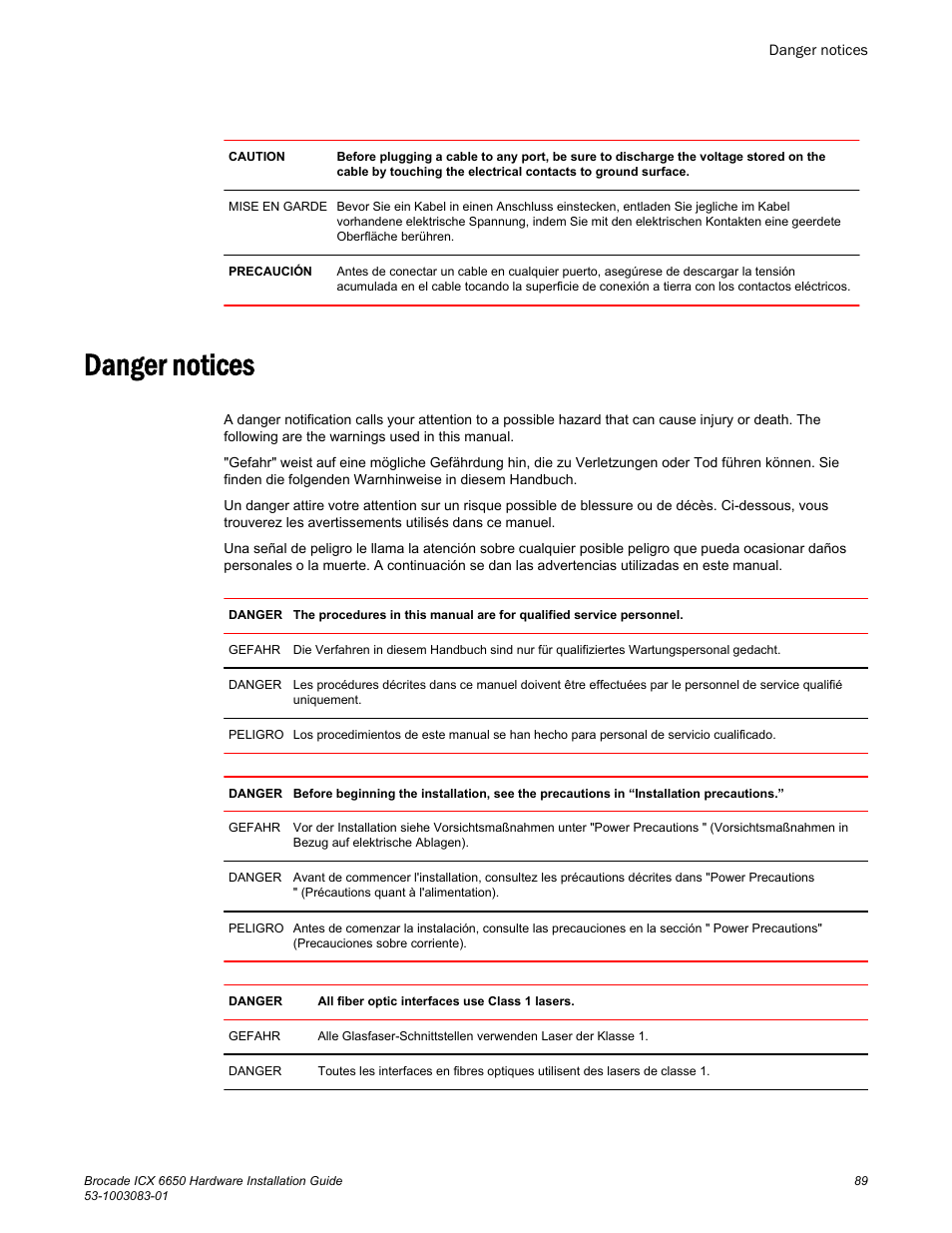 Danger notices | Brocade ICX 6650 Hardware Installation Guide User Manual | Page 91 / 98