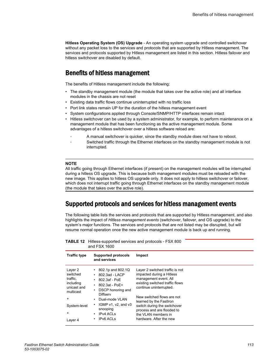 Benefits of hitless management | Brocade FastIron Ethernet Switch Administration Guide User Manual | Page 113 / 362