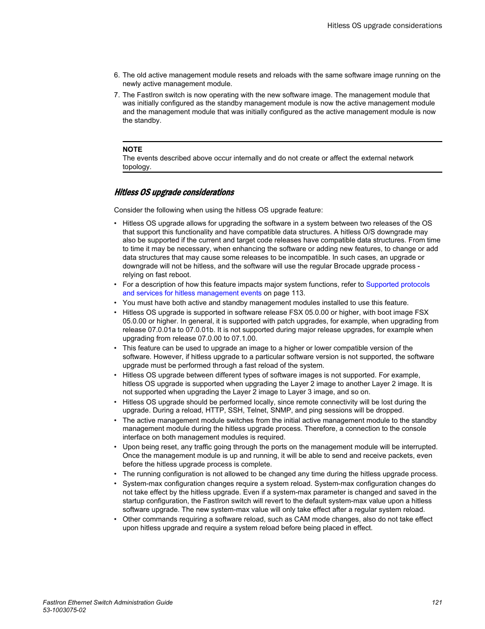 Hitless os upgrade considerations | Brocade FastIron Ethernet Switch Administration Guide User Manual | Page 121 / 362