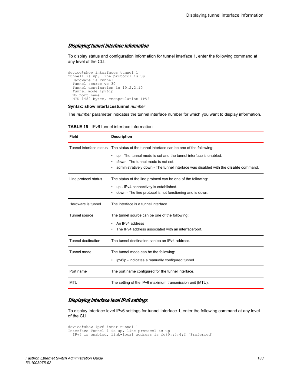 Displaying tunnel interface information, Displaying interface level ipv6 settings | Brocade FastIron Ethernet Switch Administration Guide User Manual | Page 133 / 362