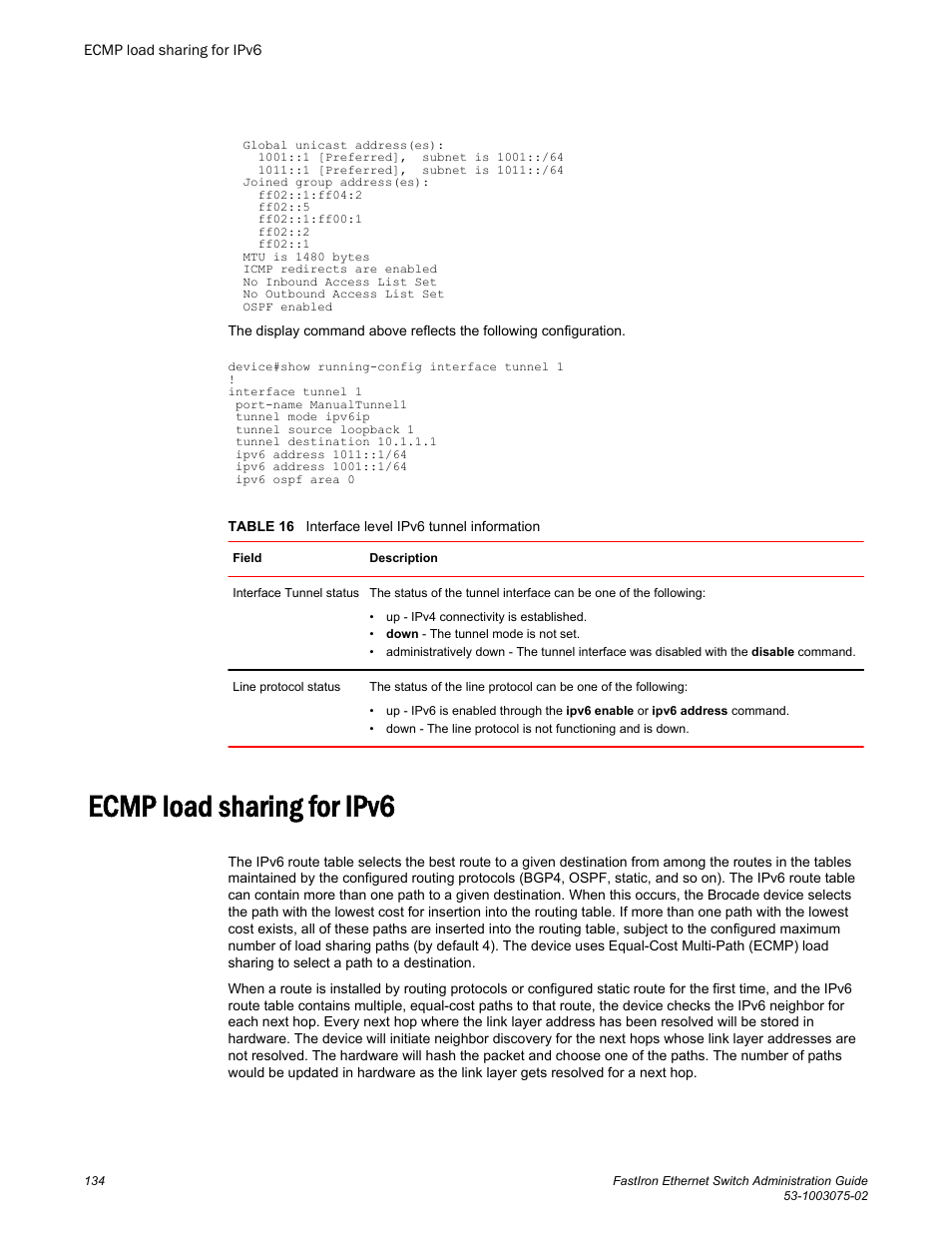 Ecmp load sharing for ipv6 | Brocade FastIron Ethernet Switch Administration Guide User Manual | Page 134 / 362