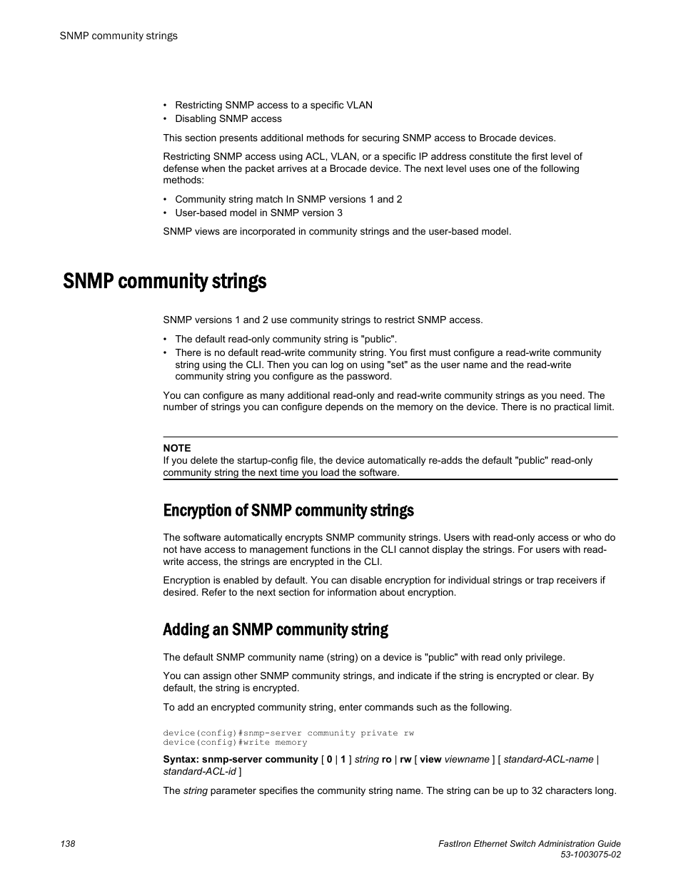 Snmp community strings, Encryption of snmp community strings, Adding an snmp community string | Brocade FastIron Ethernet Switch Administration Guide User Manual | Page 138 / 362