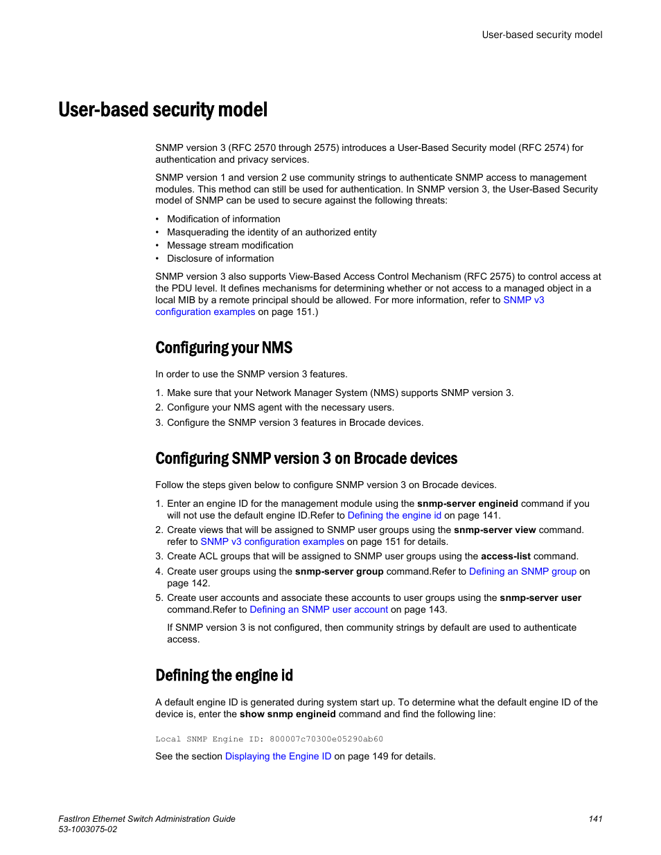 User-based security model, Configuring your nms, Configuring snmp version 3 on brocade devices | Defining the engine id | Brocade FastIron Ethernet Switch Administration Guide User Manual | Page 141 / 362