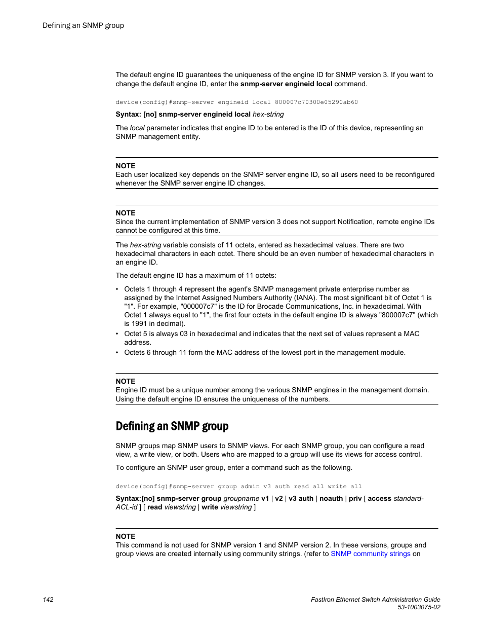 Defining an snmp group, Command.refer to | Brocade FastIron Ethernet Switch Administration Guide User Manual | Page 142 / 362