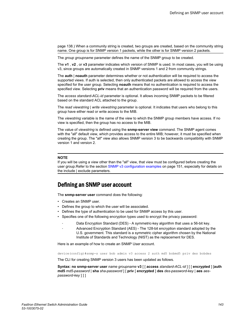 Defining an snmp user account | Brocade FastIron Ethernet Switch Administration Guide User Manual | Page 143 / 362