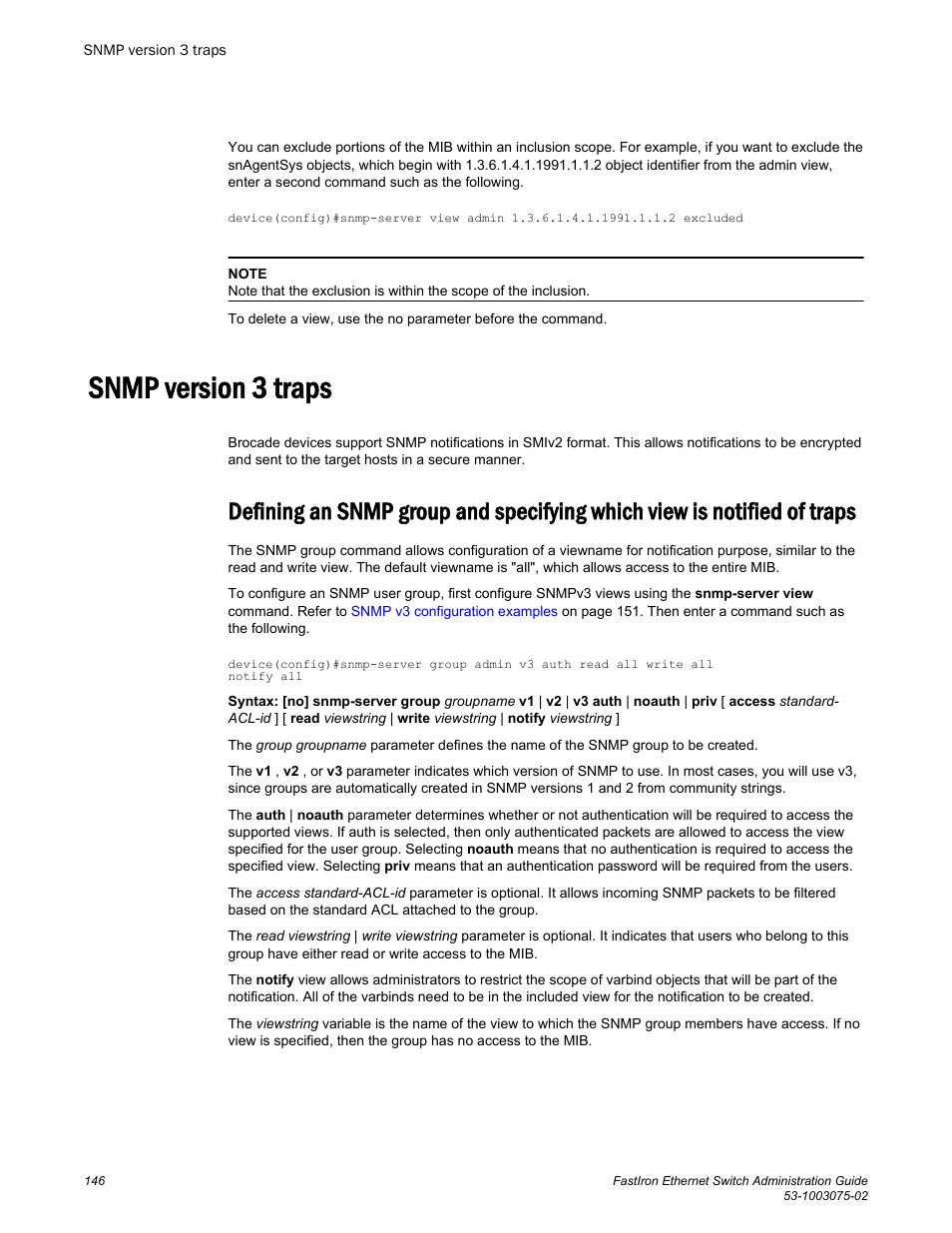 Snmp version 3 traps, Of traps | Brocade FastIron Ethernet Switch Administration Guide User Manual | Page 146 / 362