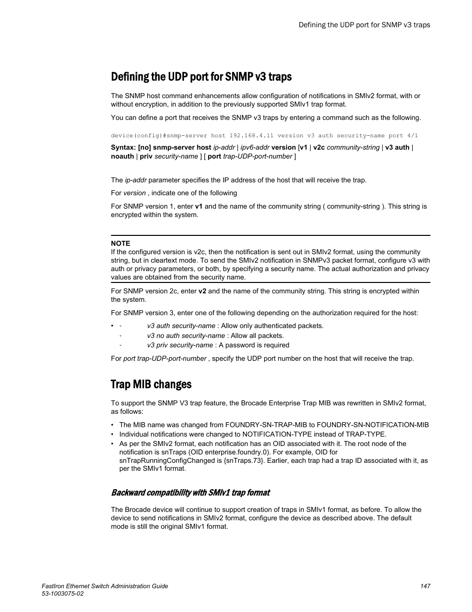 Defining the udp port for snmp v3 traps, Trap mib changes, Backward compatibility with smiv1 trap format | Brocade FastIron Ethernet Switch Administration Guide User Manual | Page 147 / 362