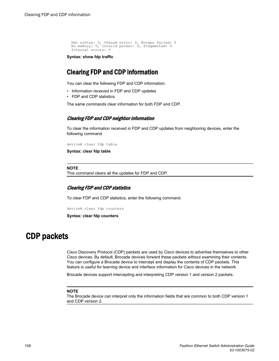 Clearing fdp and cdp information, Clearing fdp and cdp neighbor information, Clearing fdp and cdp statistics | Cdp packets | Brocade FastIron Ethernet Switch Administration Guide User Manual | Page 158 / 362