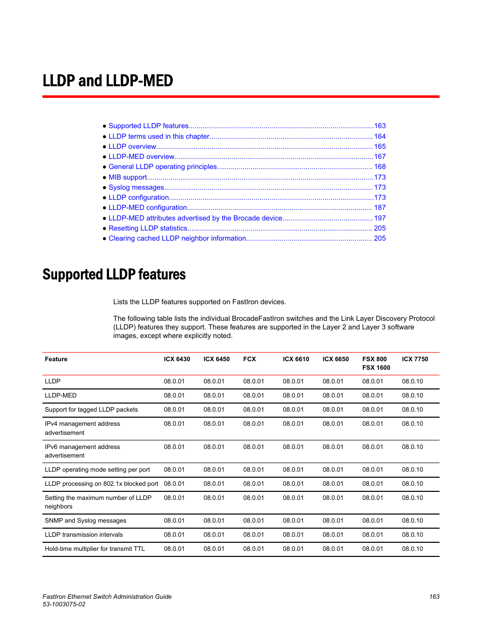 Lldp and lldp-med, Supported lldp features | Brocade FastIron Ethernet Switch Administration Guide User Manual | Page 163 / 362