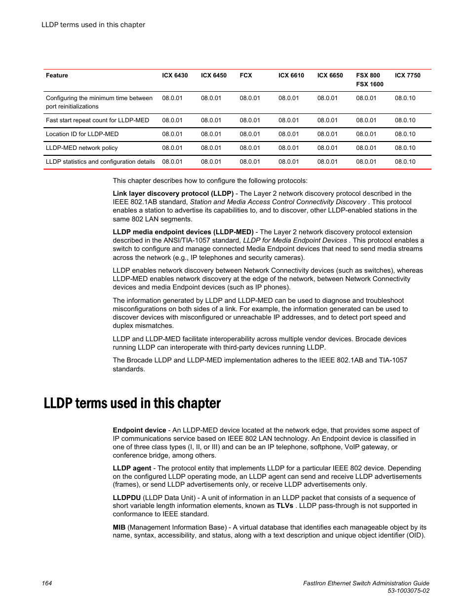 Lldp terms used in this chapter | Brocade FastIron Ethernet Switch Administration Guide User Manual | Page 164 / 362