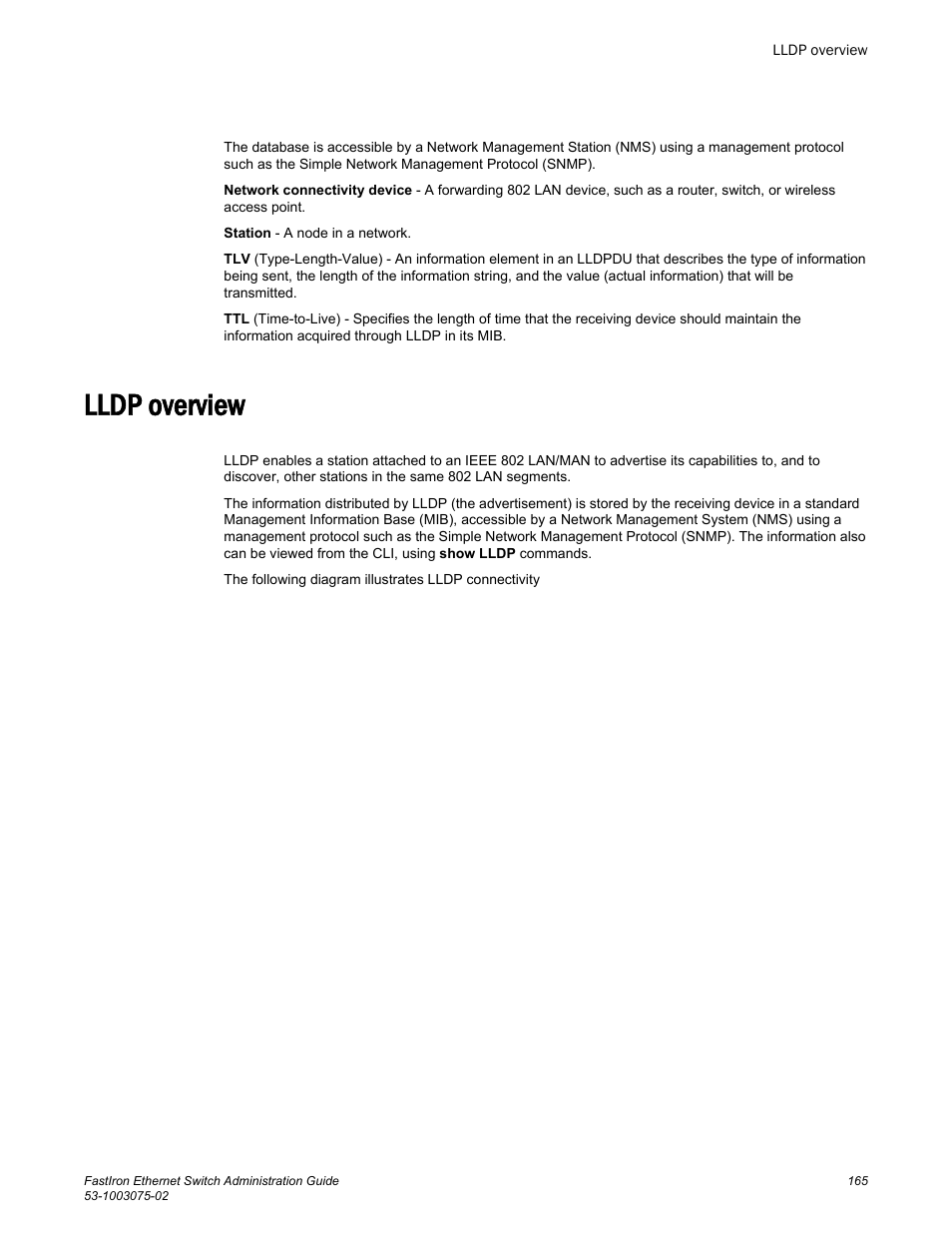 Lldp overview | Brocade FastIron Ethernet Switch Administration Guide User Manual | Page 165 / 362