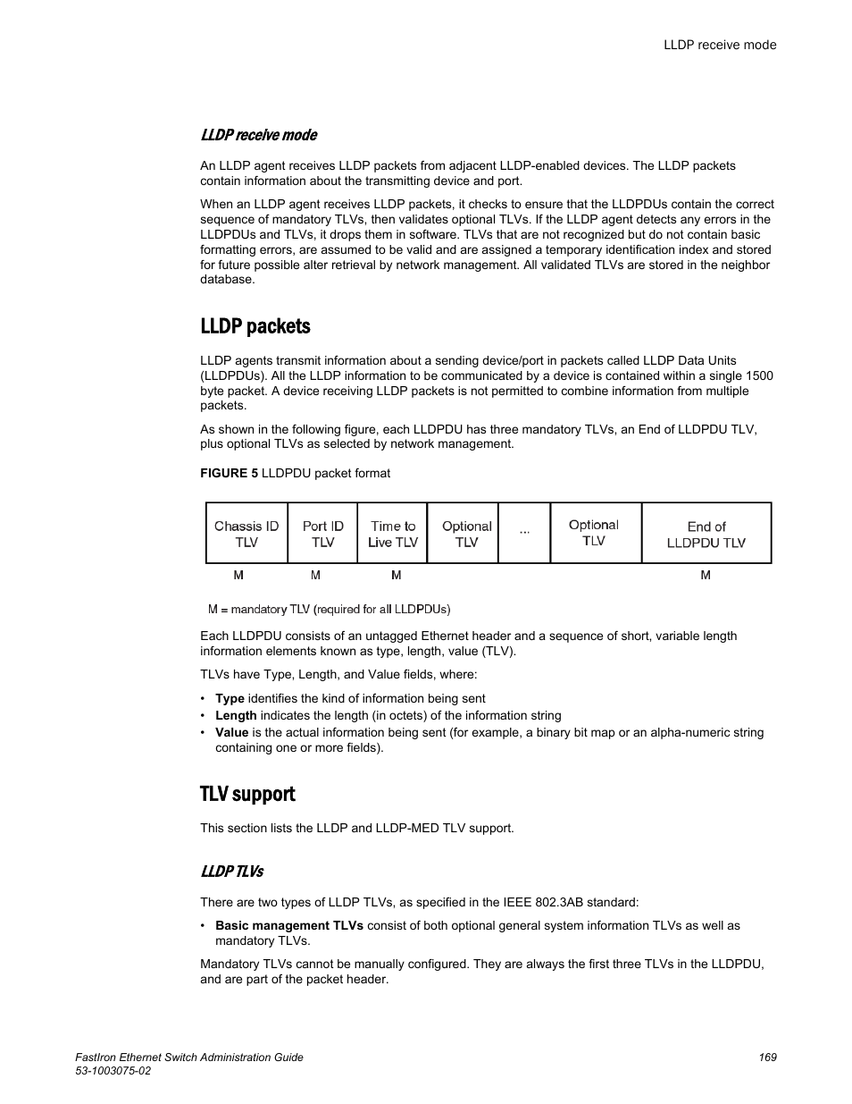 Lldp receive mode, Lldp packets, Tlv support | Lldp tlvs, Lldp packets tlv support | Brocade FastIron Ethernet Switch Administration Guide User Manual | Page 169 / 362