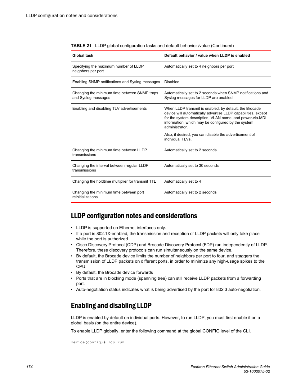 Lldp configuration notes and considerations, Enabling and disabling lldp | Brocade FastIron Ethernet Switch Administration Guide User Manual | Page 174 / 362