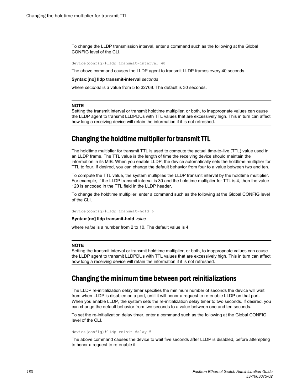 Changing the holdtime multiplier for transmit ttl | Brocade FastIron Ethernet Switch Administration Guide User Manual | Page 180 / 362