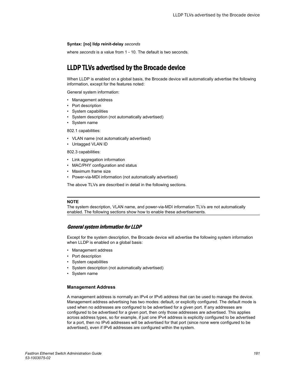 Lldp tlvs advertised by the brocade device, General system information for lldp | Brocade FastIron Ethernet Switch Administration Guide User Manual | Page 181 / 362